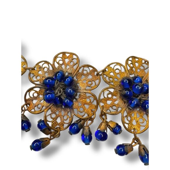 Vintage Miriam Haskell Filigree Floral Necklace Blue Glass Beads 1930s Pre-war - Picture 7 of 16